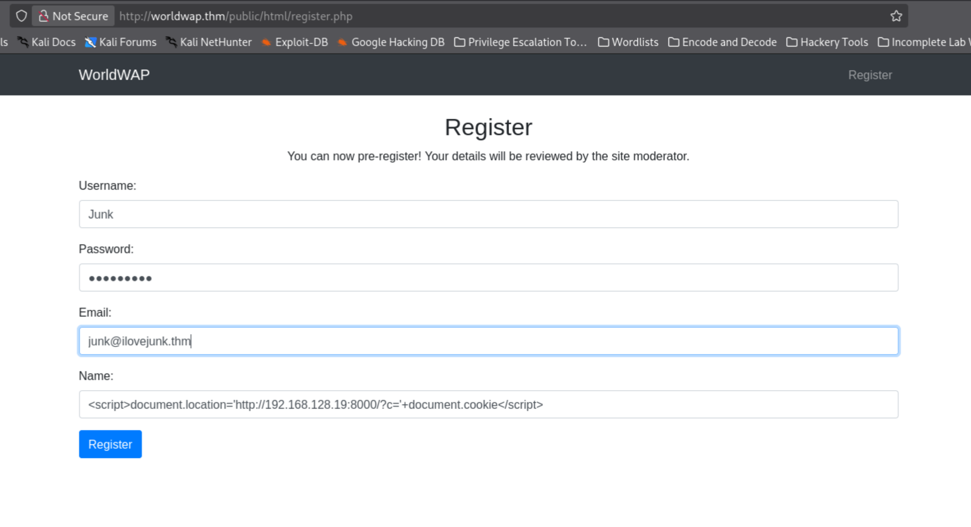 registration submitted with XSS payload